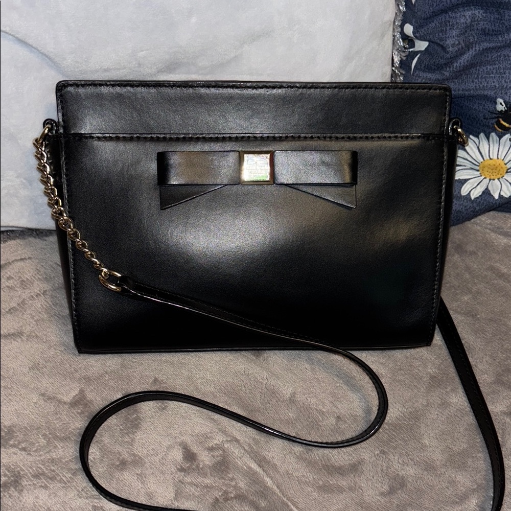 Kate Spade Montford Park Angelica Bow Smooth Black Leather Chain Crossbody Bag